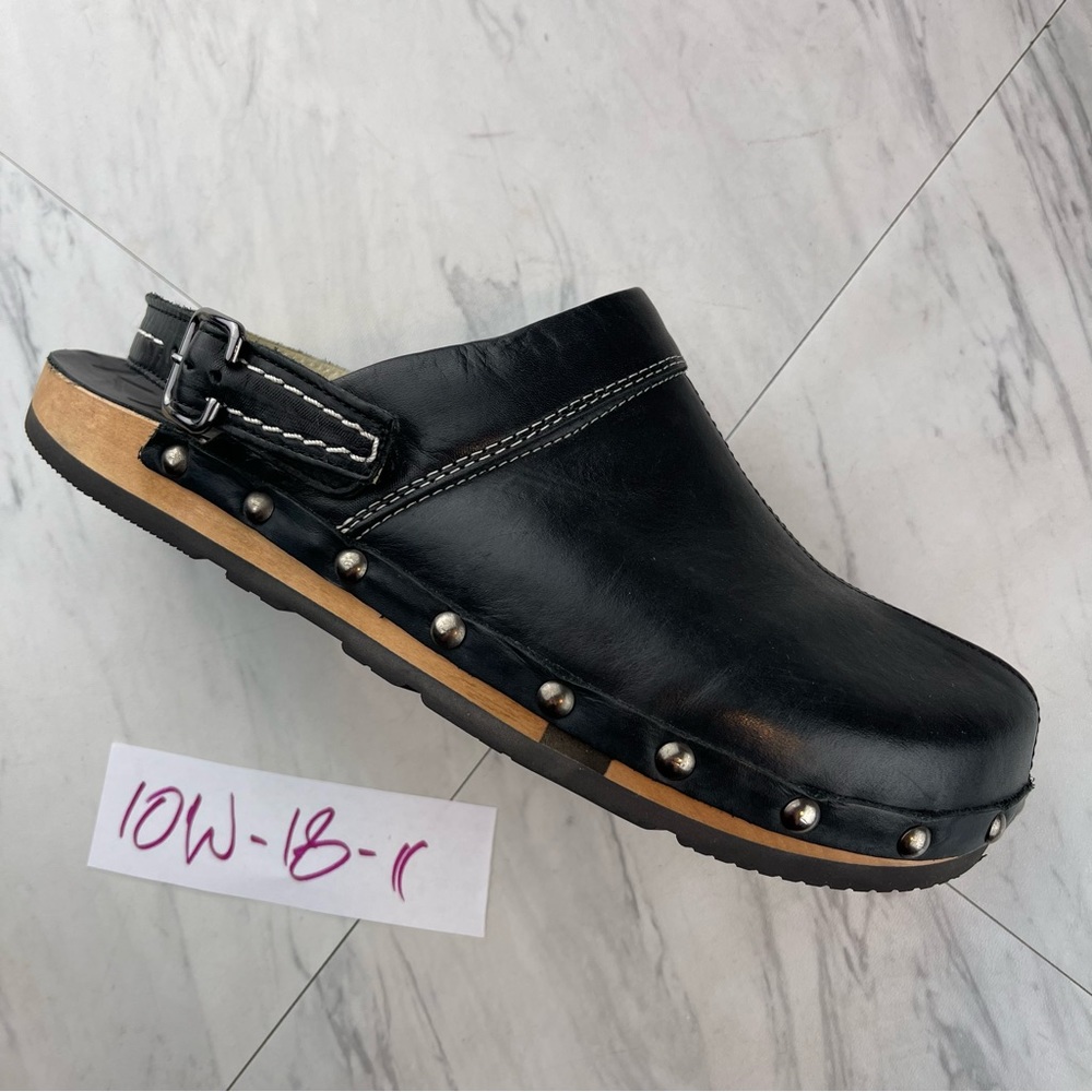 •Kalso Earth Shanti Black Leather Slingback Wood Clogs Womens Size 10 W Wide